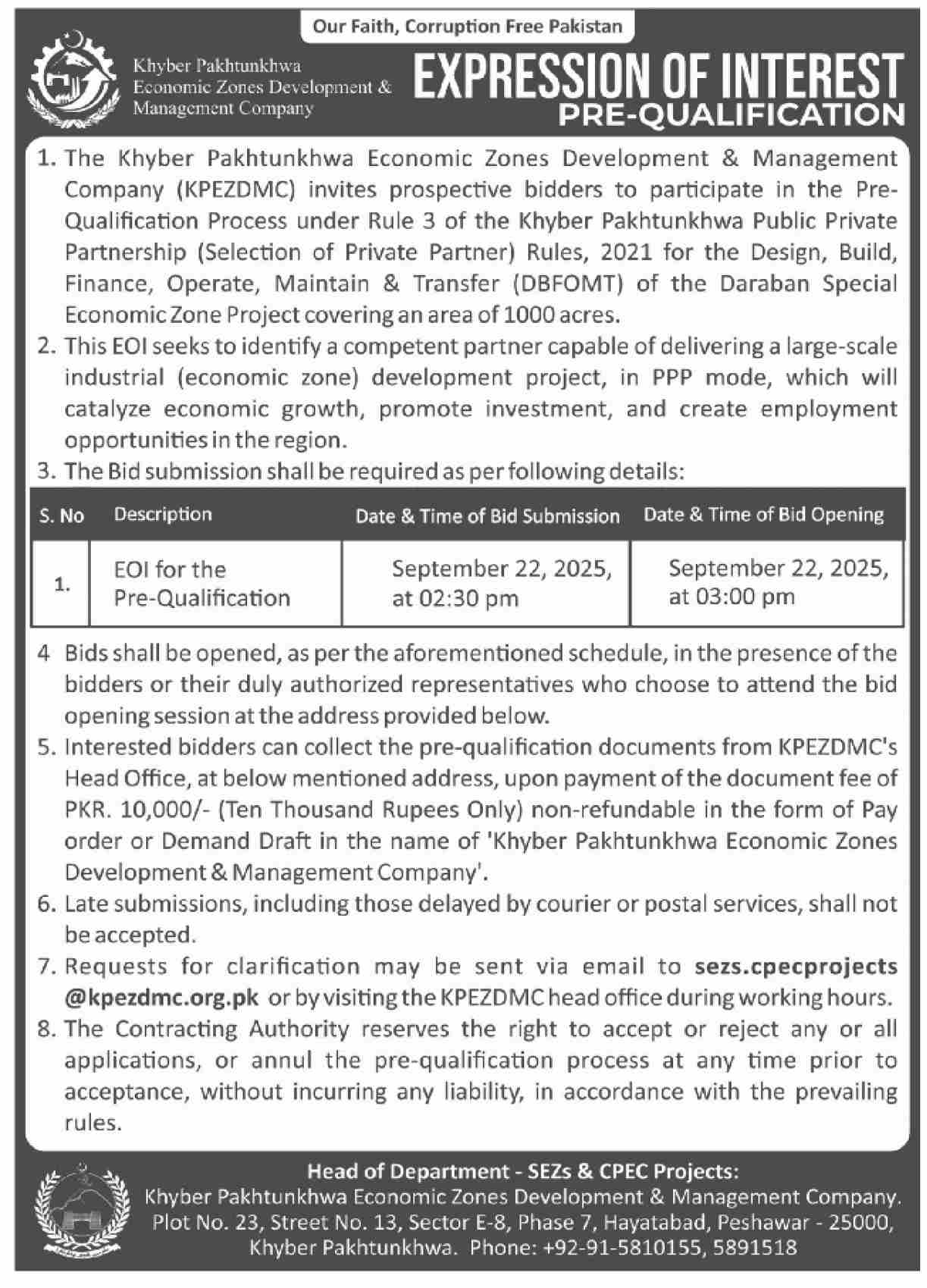 Khyber Pakhtunkhwa Economic Zones Development & Management Company Peshawar Tender Notice